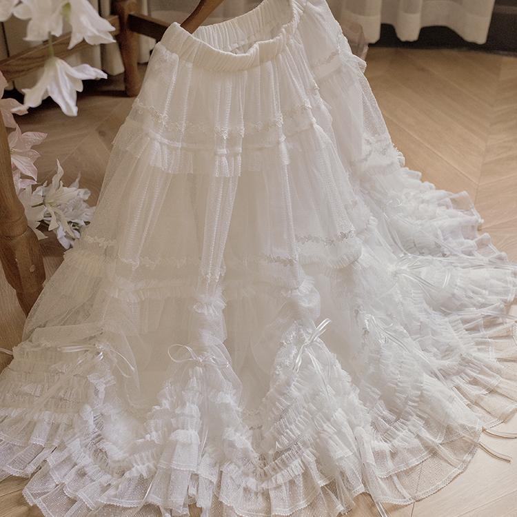 ThinkFly - Pleated Heart - Elegant Lolita Petticoat with Dotted Gauze Hem White One Size