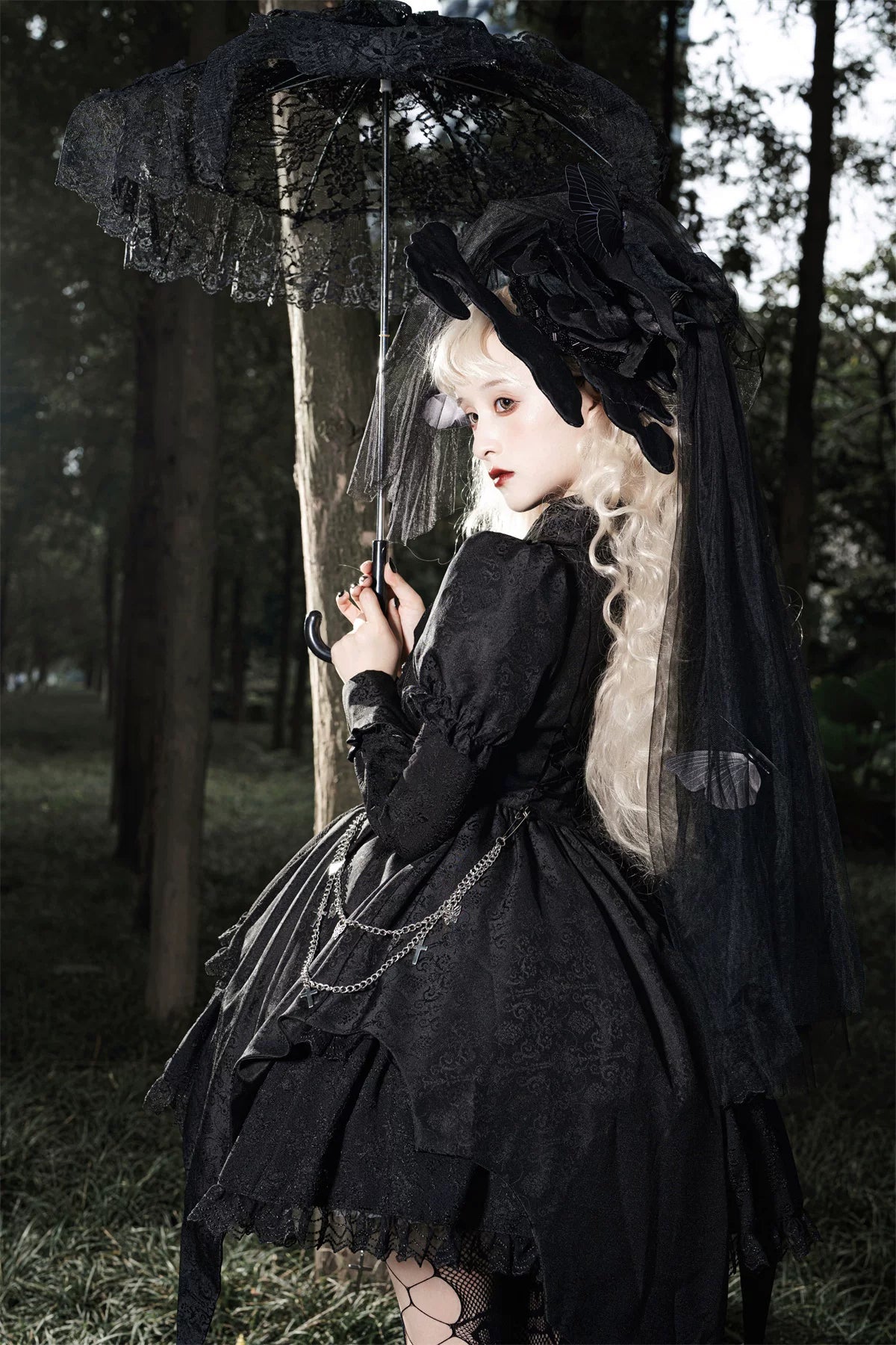Darknight Creed - Gothic Lolita Jacquard OP, Irregular Hem & Cross Pendants 45847:865294