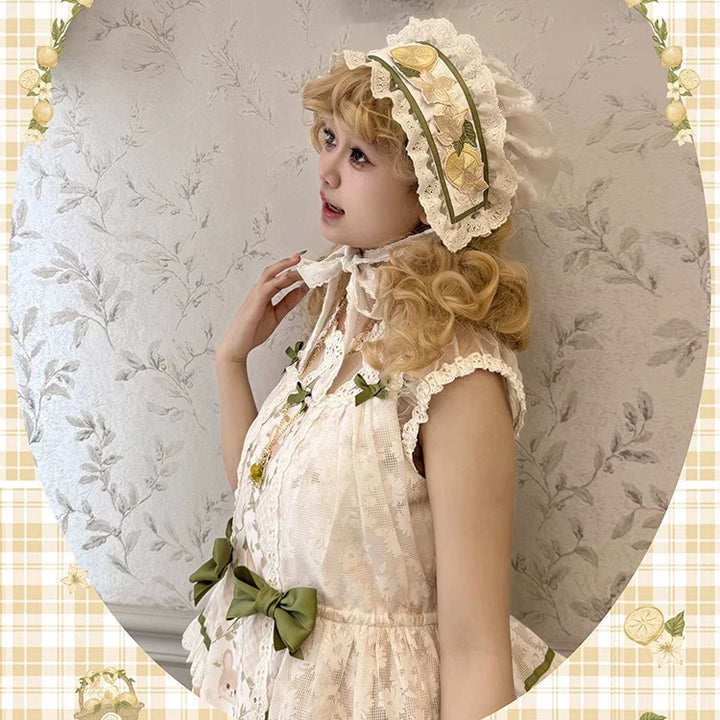 Alice girl~Lemon Rabbit~Kawaii Lolita Bonnet Brooch Embroidered Triangle Scarf   