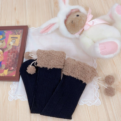 Dolly Doll~Little Bean Cake~Cute Winter Plush Mid-Calf Lolita Socks Free size Black+Brown Plush Edge 