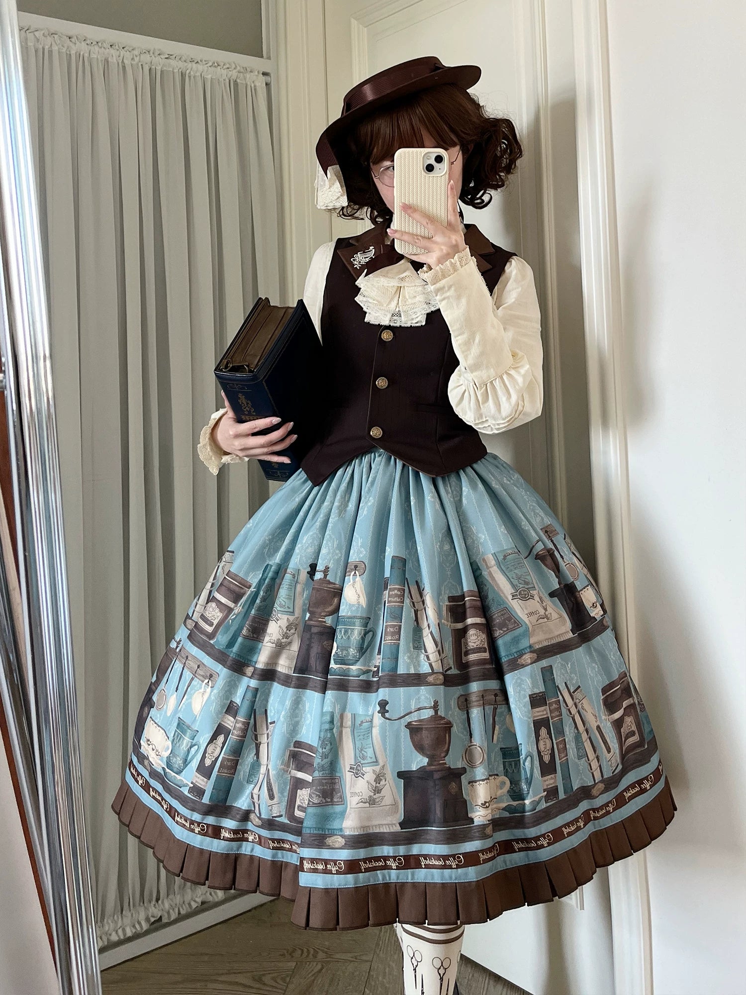 Coffee Bookshelf - Classic Lolita JSK and SK Set, Coffee Cup and Book Print 45611:856232