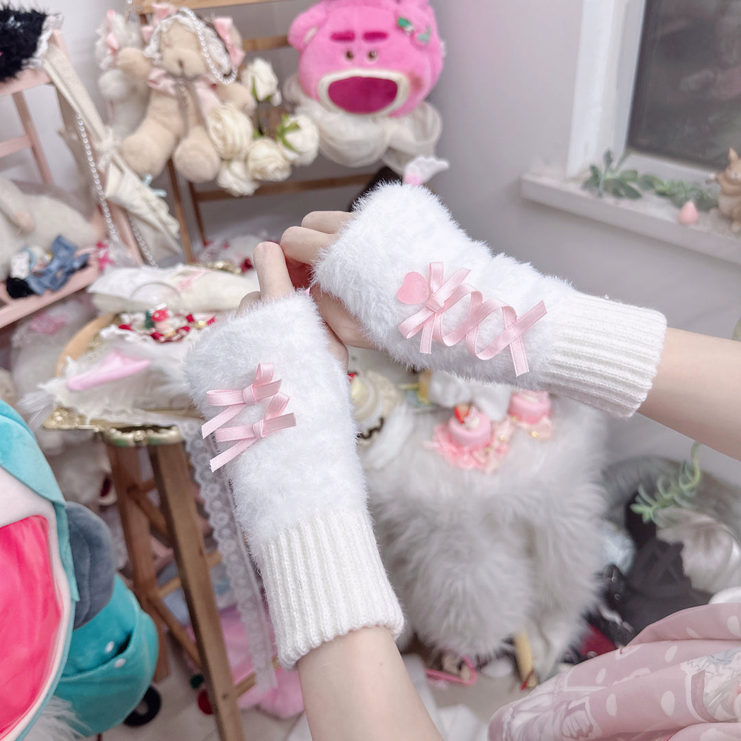 Chestnut Lolita~Plush Gloves Winter Lolita Socks Fingerless gloves in pink and white  