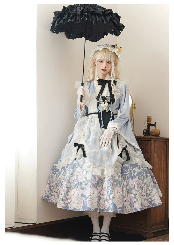 With PUJI~Letter and Poetry~Wa Lolita Dress Maid Printed OP Dress Set S Full set (OP + apron + waist flower + bow*3) 