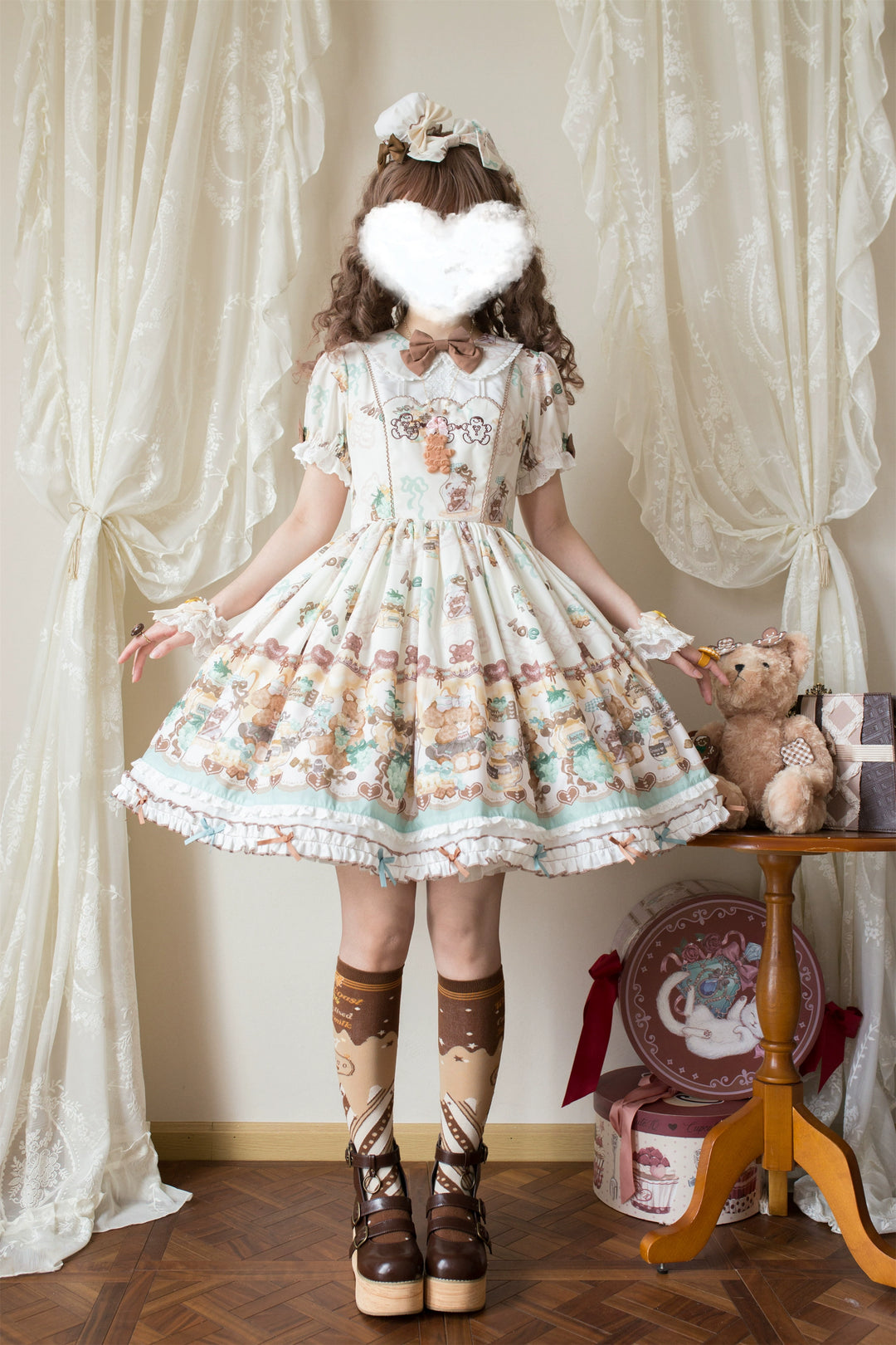 Babyblue~Little Bear Honey Jar~Kawaii Lolita Short Sleeve OP Gingerbread Man Embroidered Dress 40362:656898