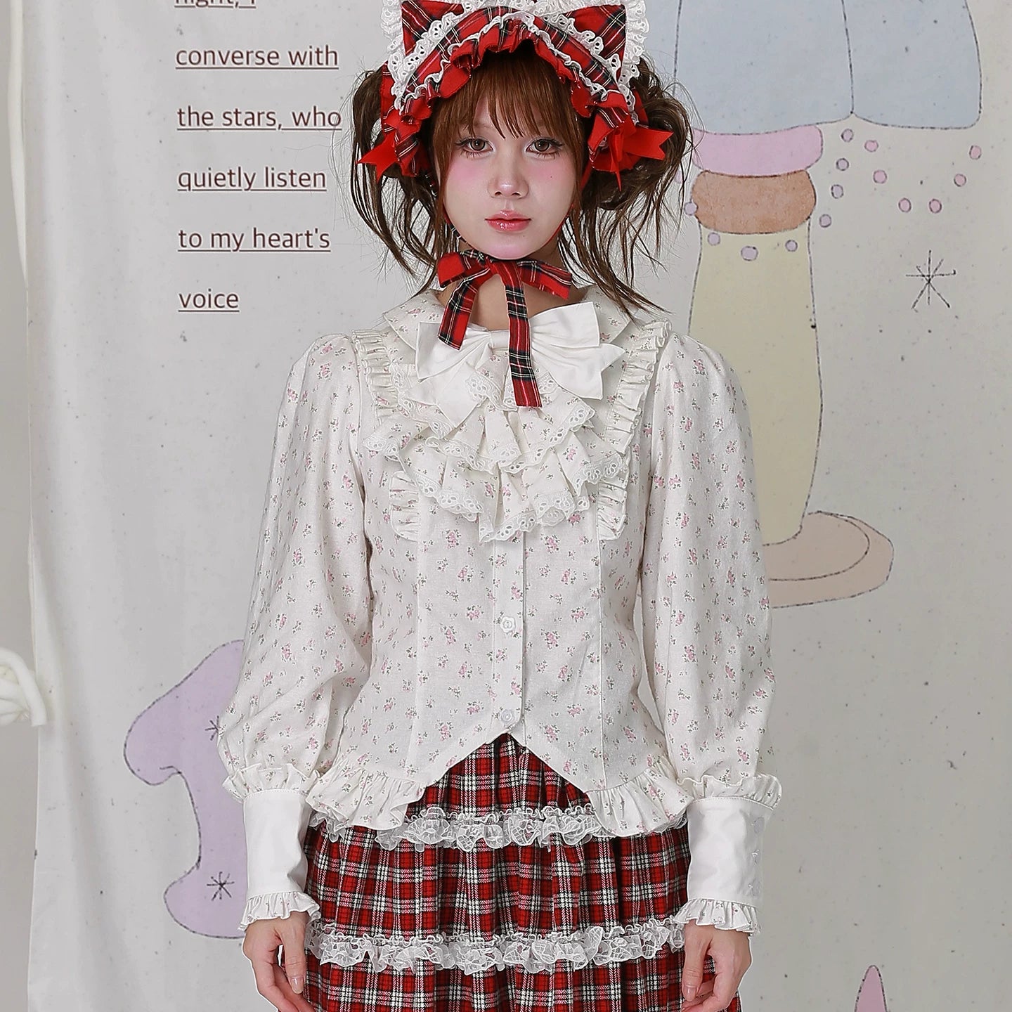 Old School Lolita Cotton Shirt, Floral Print (White) 44517:812209