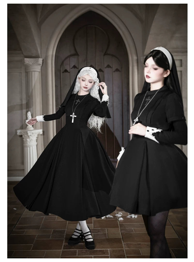 Nihil - Gothic Nun Lolita OP Dress, Irregular Hem Cape