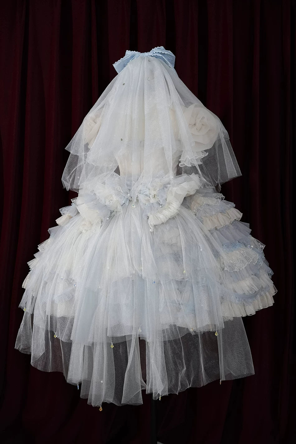 Sweet Lolita Accessories, Bow & Crystal Decor for Tea Party One Size Crystal Gray-Blue Veil Only