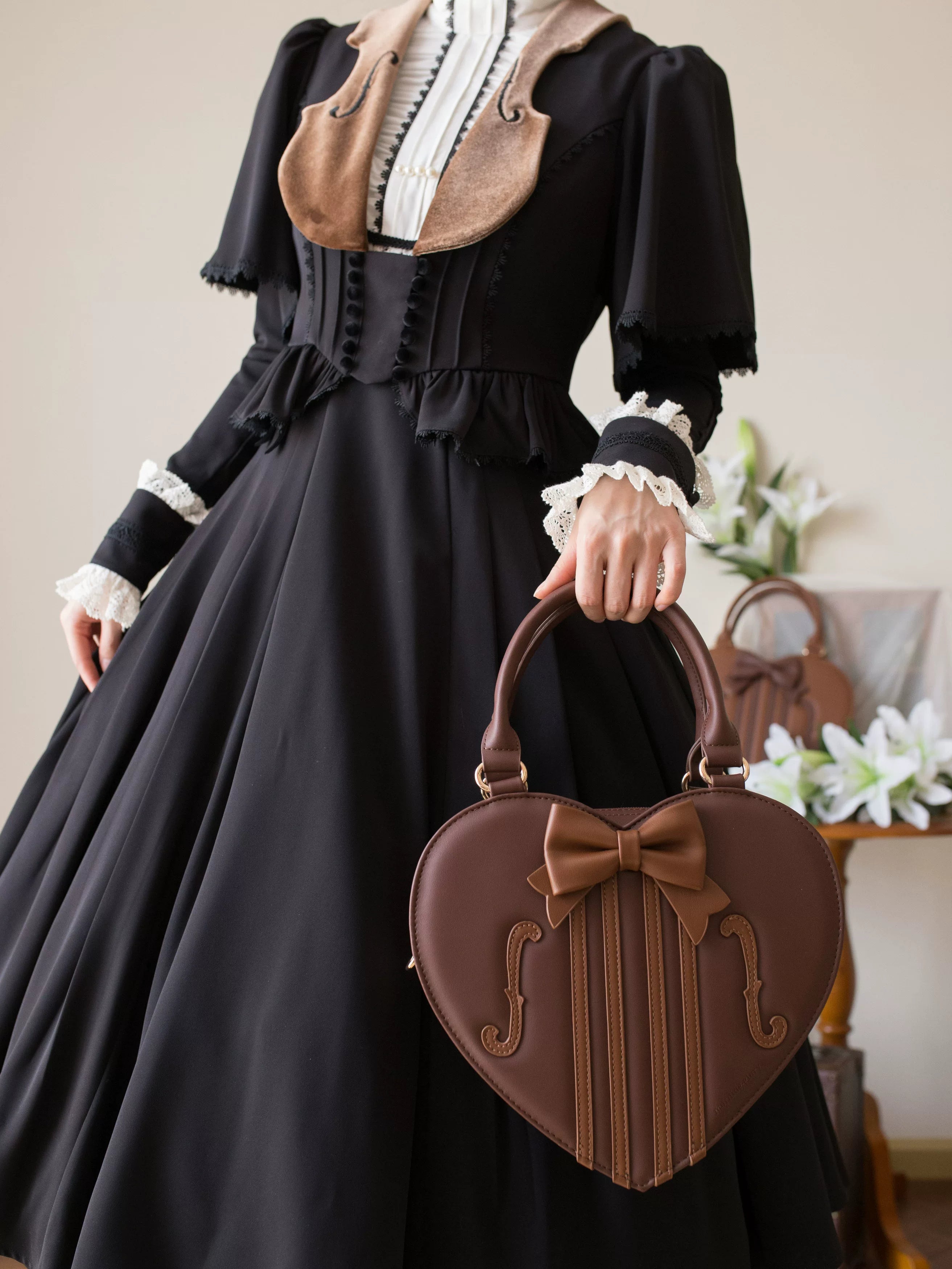 Heart of Violin - PU Classic Lolita Heart Shaped Bag, Violin and Bow Detail 45630:856450