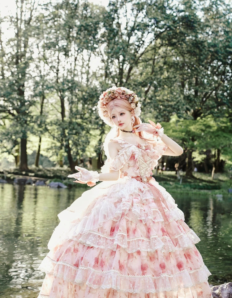 Cat Fairy~Rose Letter~Wedding Lolita Princess Dress Floral Printing Flounce Hem   