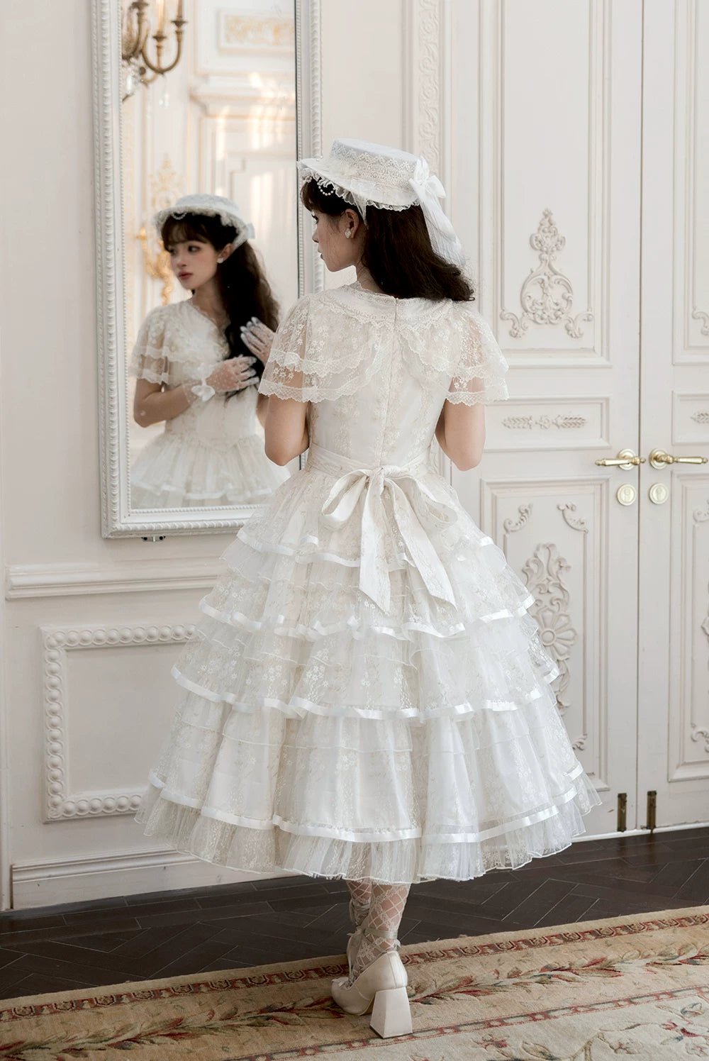 Morning Dew Lily - White Classic Lolita OP Dress, Tiered Skirt