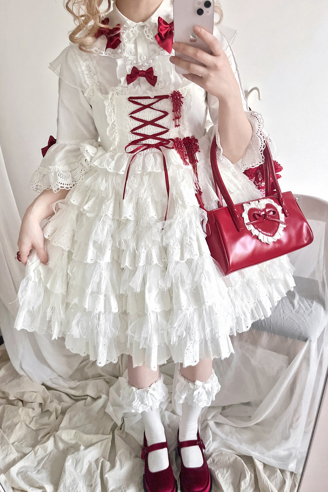 Vcastle~Sweet Crepes~Sweet Lolita Shirt with Princess Sleeves and Bow Chain