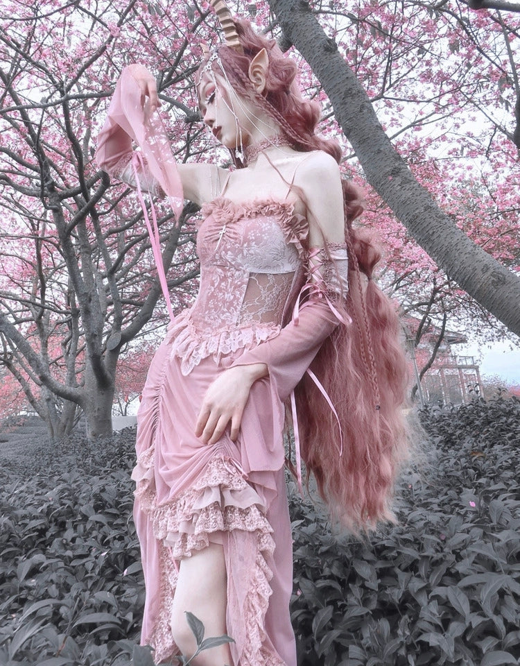 Blood Supply~Sakura Nightmare~Pink Gothic Velvet Drawstring Dress 2682:725630