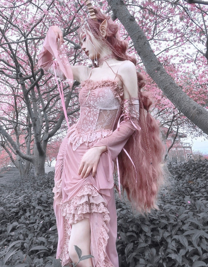 Blood Supply~Sakura Nightmare~Pink Gothic Velvet Drawstring Dress