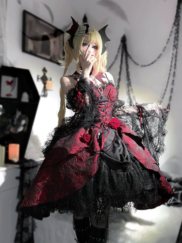 Cornfield Lolita~Rose Blood~Black Red Gothic Lolita JSK Jacquard Court Dress 40688:673062