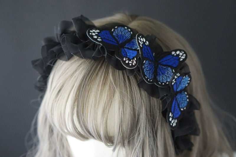 Strange Sugar~Gothic Lolita Black Headdress Butterfly KC Photography Props 2 - Blue butterfly  
