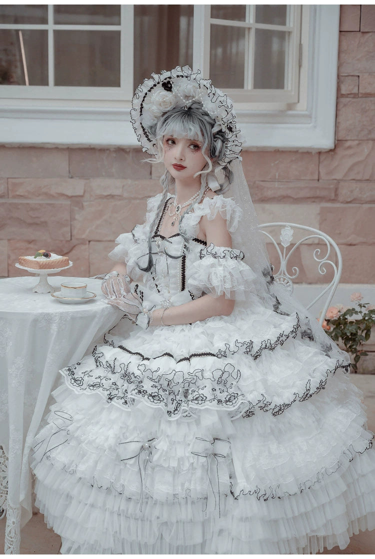 Cat Fairy~Dark Starry Night~Wedding Lolita Jumper Dress Black And White Tea Party Dress