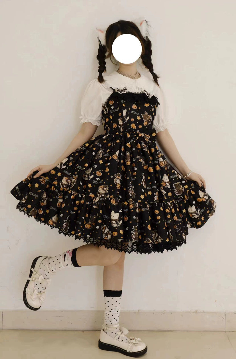 (Buyforme)Strawberry Alice~Mew Mew Witch Halloween Cat Print Lolita JSK black color S 