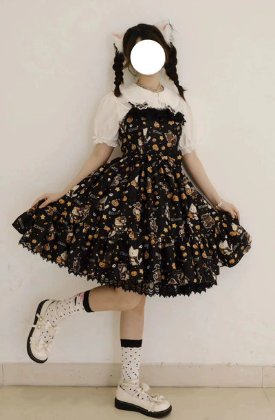 (Buyforme)Strawberry Alice~Mew Mew Witch Halloween Cat Print Lolita JSK black color S 