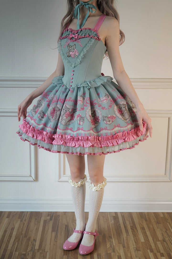 Vcastle~Love God Kitty~Sweet Lolita Dress Short Sleeve OP JSK Bonnet S - Cyan JSK  