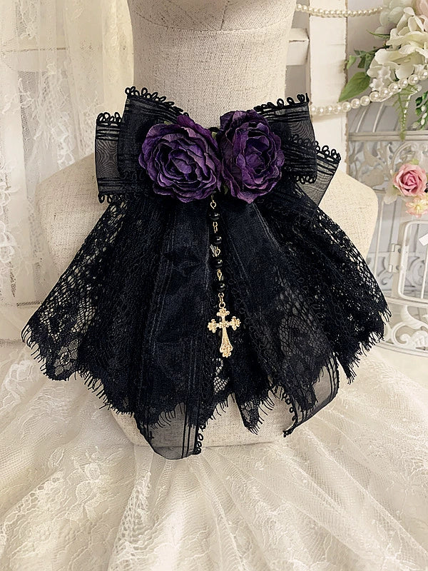 Sweet Jelly Lolita - Black Gothic Lolita Necklace Lace Lolita Brooch Black+ deep purple necklace version