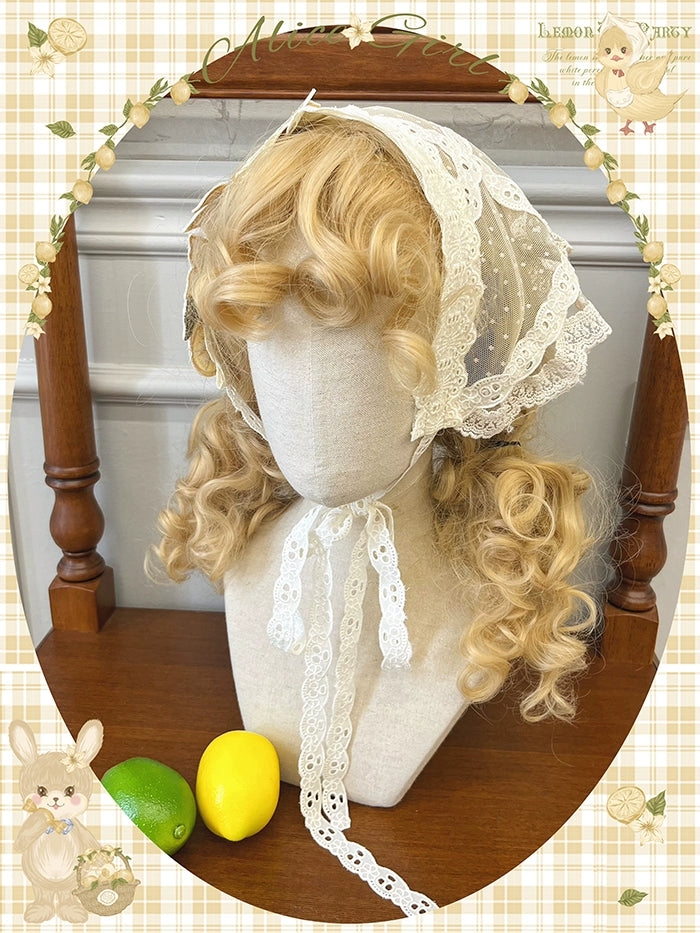 Alice girl~Lemon Rabbit~Kawaii Lolita Bonnet Brooch Embroidered Triangle Scarf   