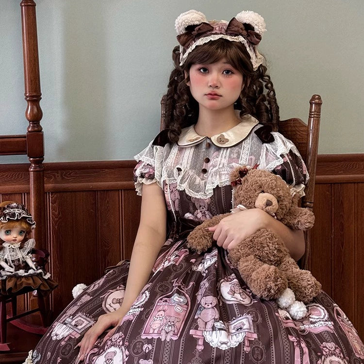 Alice Girl~Bear Doll Wall~Sweet Lolita OP Lovely Bear Print Dress   