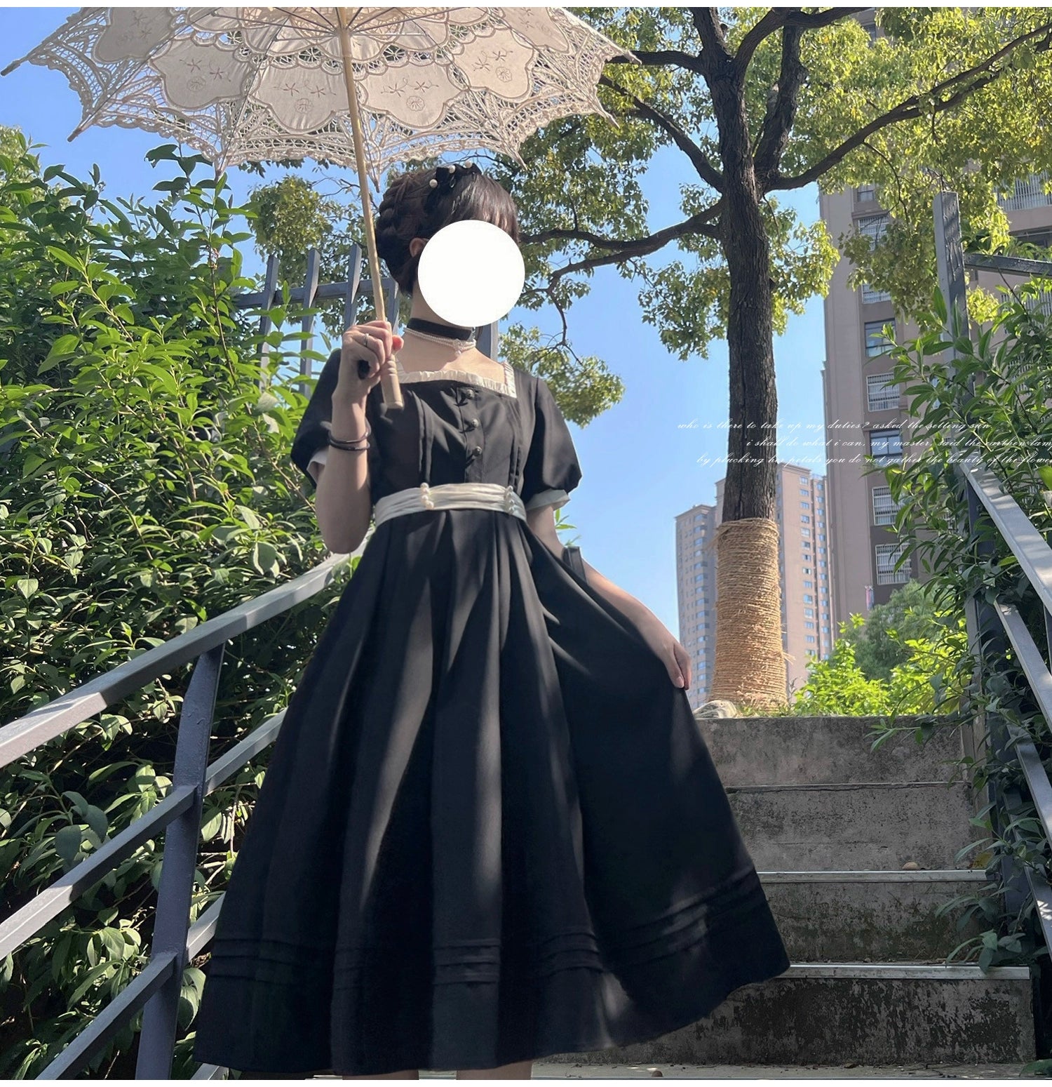 (BFM)HuTaoMuJK~Thoughts~Vintage Lolita OP Dress Square Neckline Black Lolita Dress 35832:504688