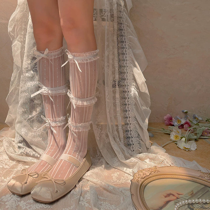 WAGUIR~Sweet Lolita Mid-Calf Socks 3-Layer Lace Mesh Fairy Thin Socks   