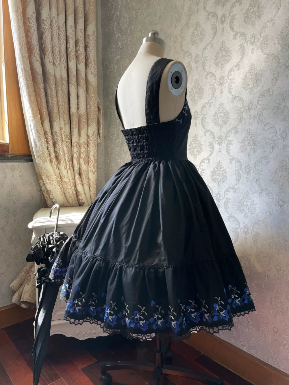Alice of the Night - Gothic Lolita JSK Cotton Dress, Embroidery & Blue Florals