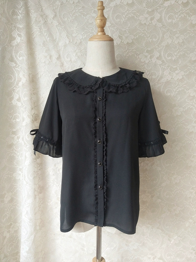 Youlan Lane - Chiffon Peter Pan Collar Kawaii Lolita Blouse Black XS