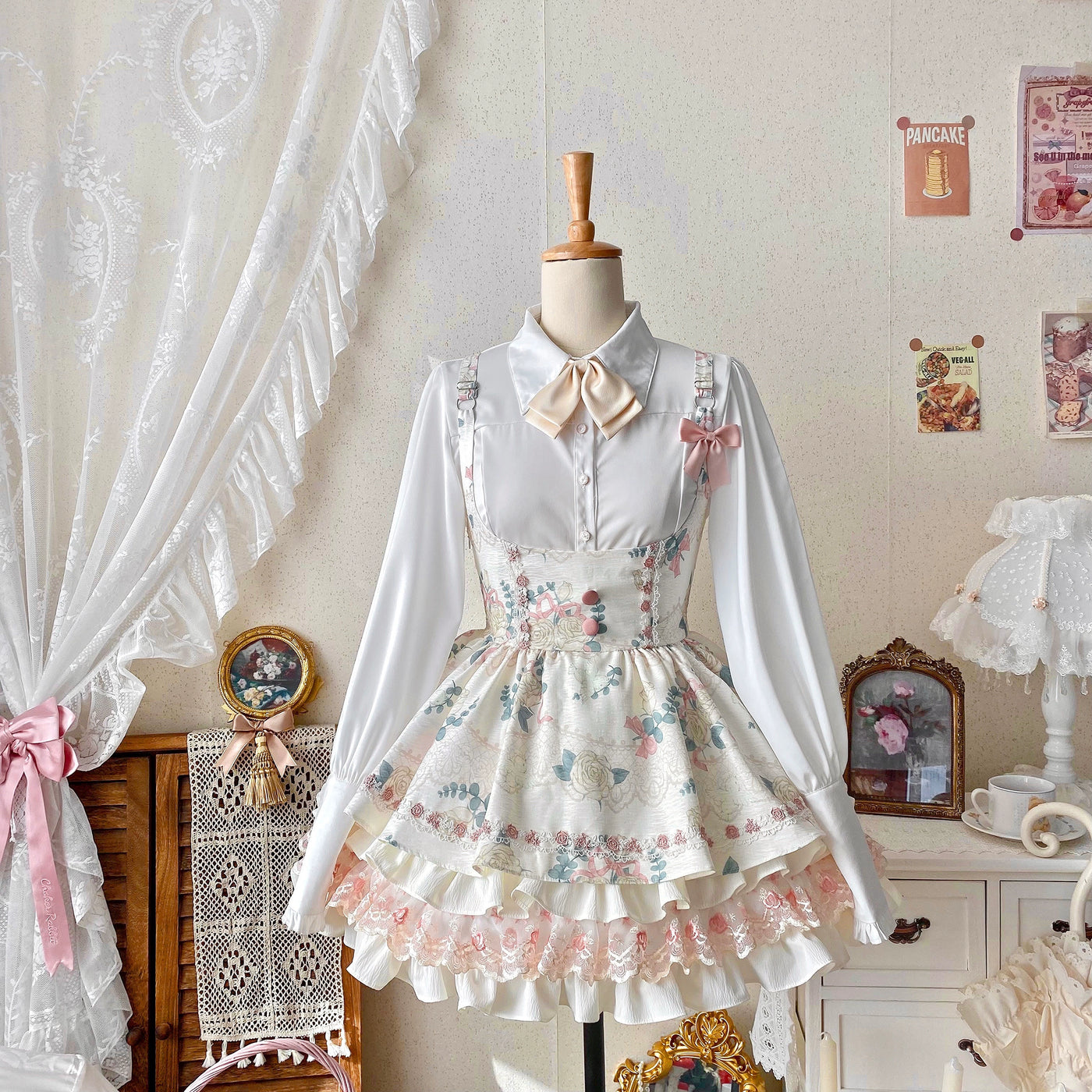 Qianmu~Rose Cream~Sweet Lolita Dress Fishbone Tiered Bust-supporting Dress   
