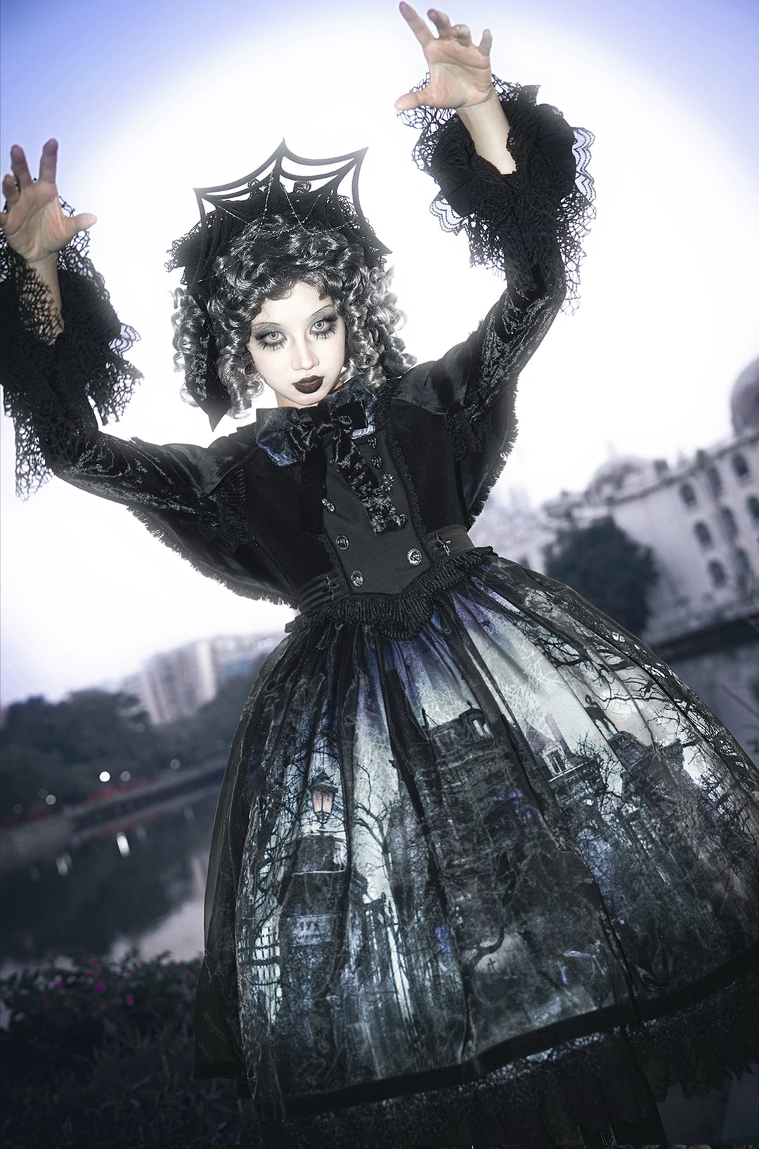 LilithHouse~Horror House~Gothic Lolita OP Set with Cape and Castle Print