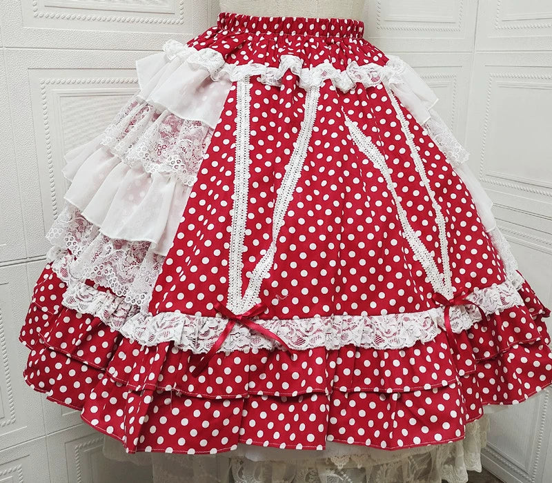 Sweet Angel~Japanese Sweet Lolita Skirt Retro Showa Knee Cake Dress Red skirt with white polka dots F