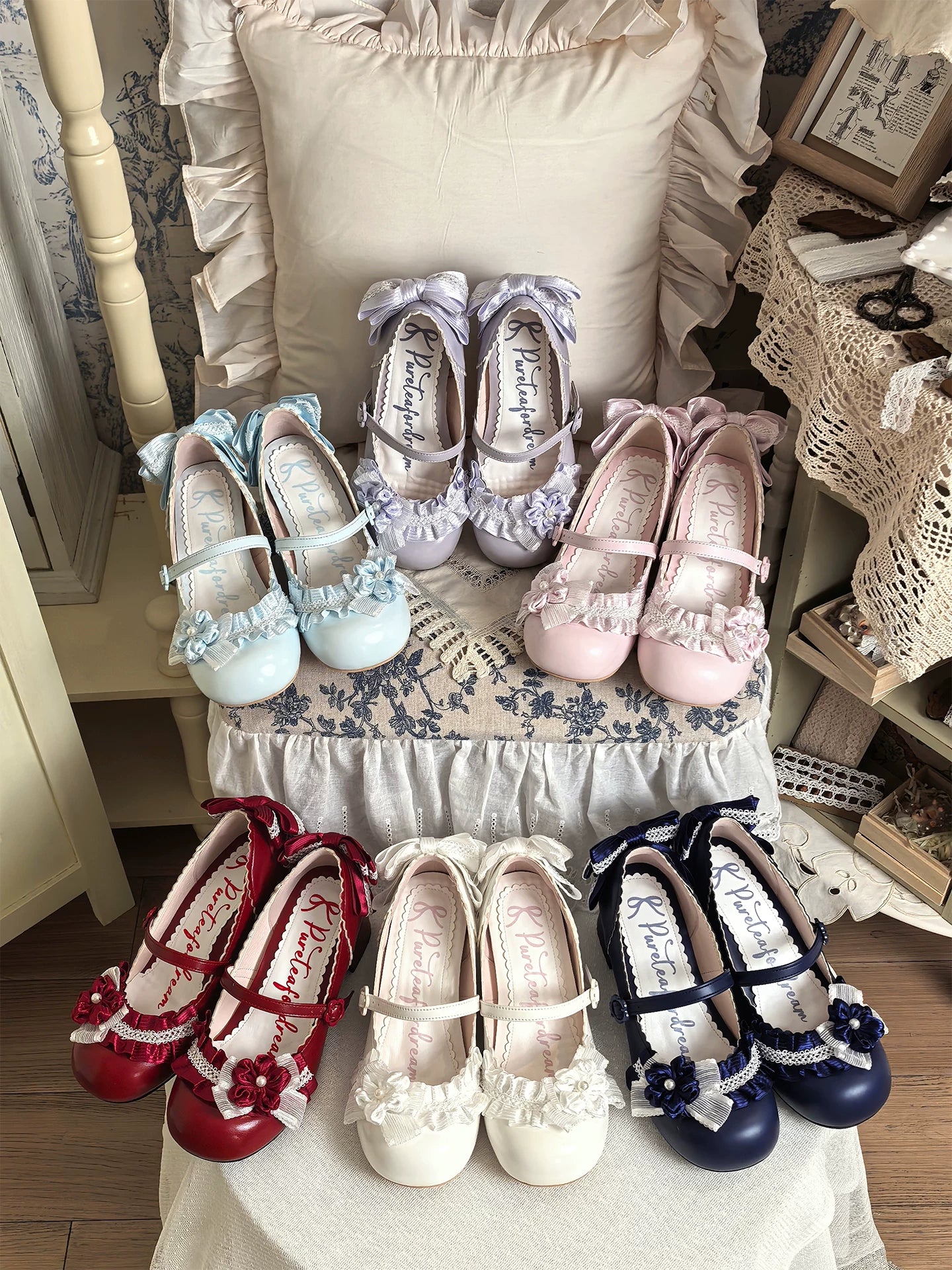 Moonlit Sakura - Sweet Lolita Round-toe Heel Shoes, Floral Accent 45385:845973