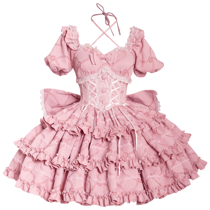 OCELOT~Puff Rose~Sweet Lolita OP Princess Bow Trailing Lolita Dress Berry (OP with large back bow) S 