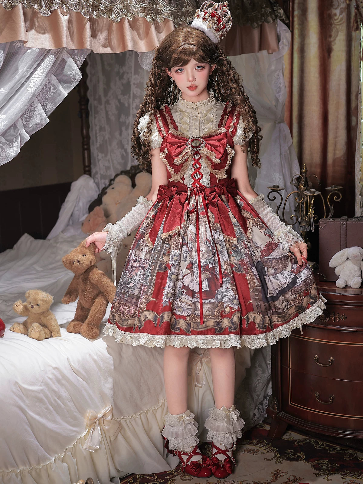 Mysterious Ribe - Red Classic Lolita Jumper Skirt & Blouse Set, Rabbit Print 45968:870070