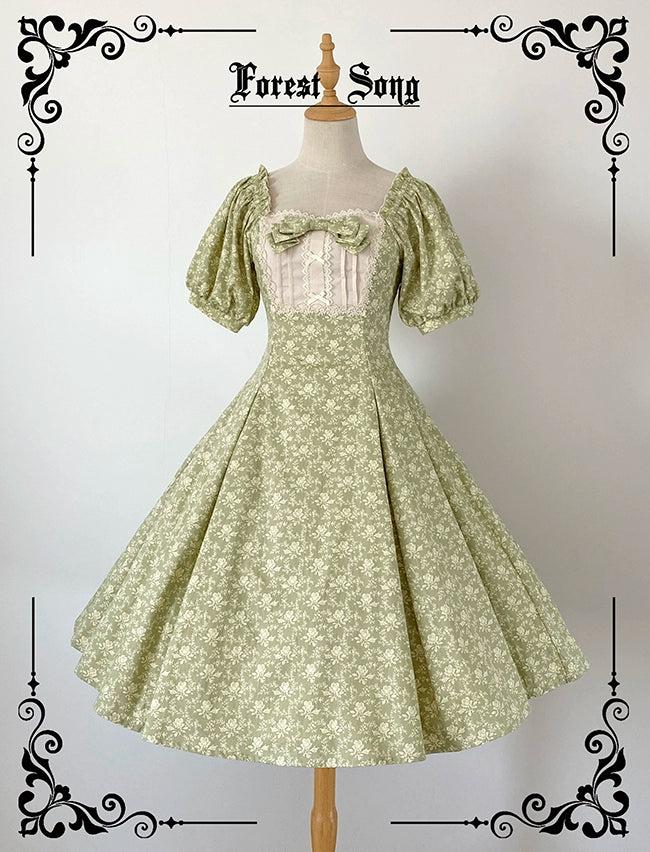 Forest Song~Pastoral Poem~Elegant Lolita OP Dress Floral Print 6-Piece Cut Lolita Dress S Green Floral Wall OP 