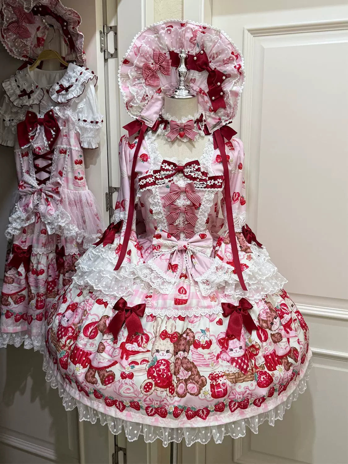 SweetBerry Bunny Bear - Sweet Lolita Hime Sleeve OP Dress, Strawberry and Bear Print Pink - OP Only S