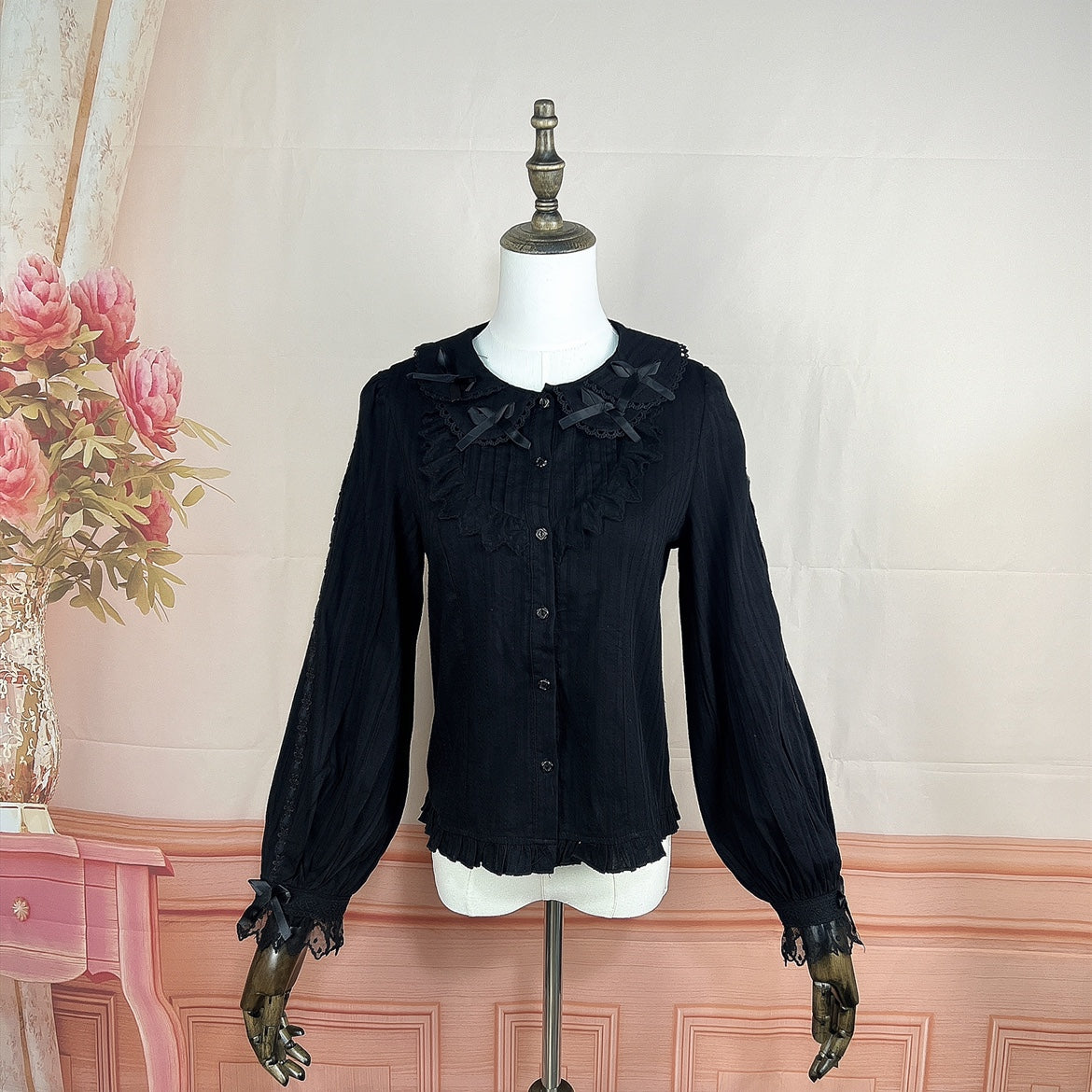 DMFS Lolita - Shank Lollipop - Cotton Lolita Blouse Doll Collar Bow Sweet Inner Top S Black