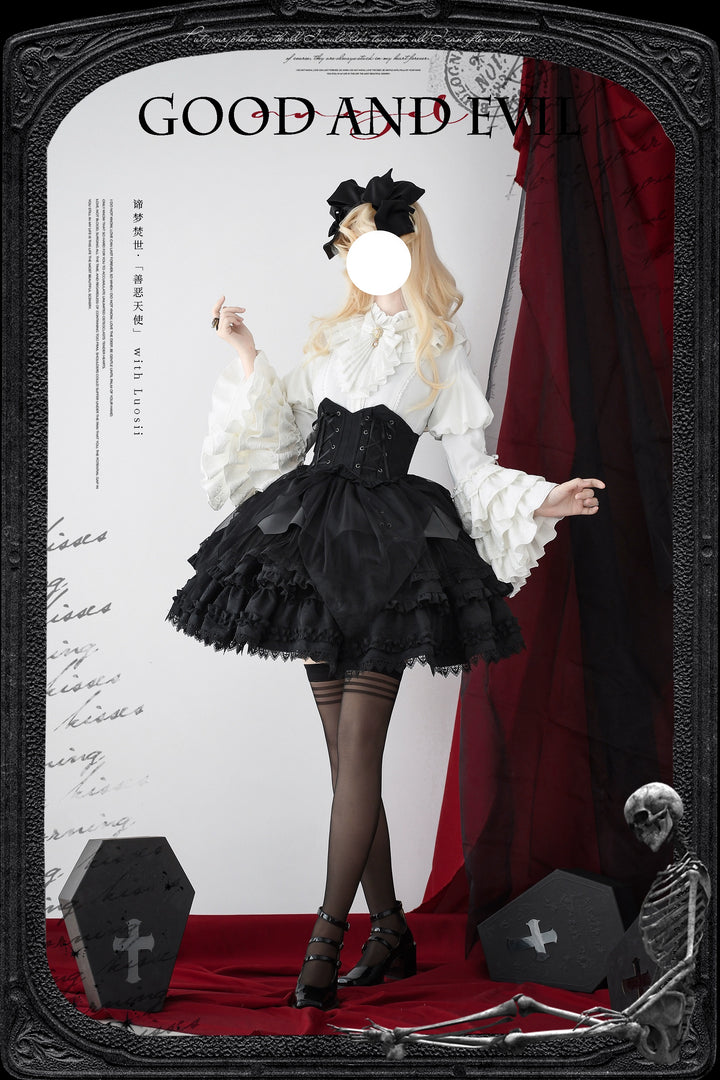 DMFS Lolita~Good and Evil Angel~Gothic Lolita SK Set Retro Princess Sleeve Blouse