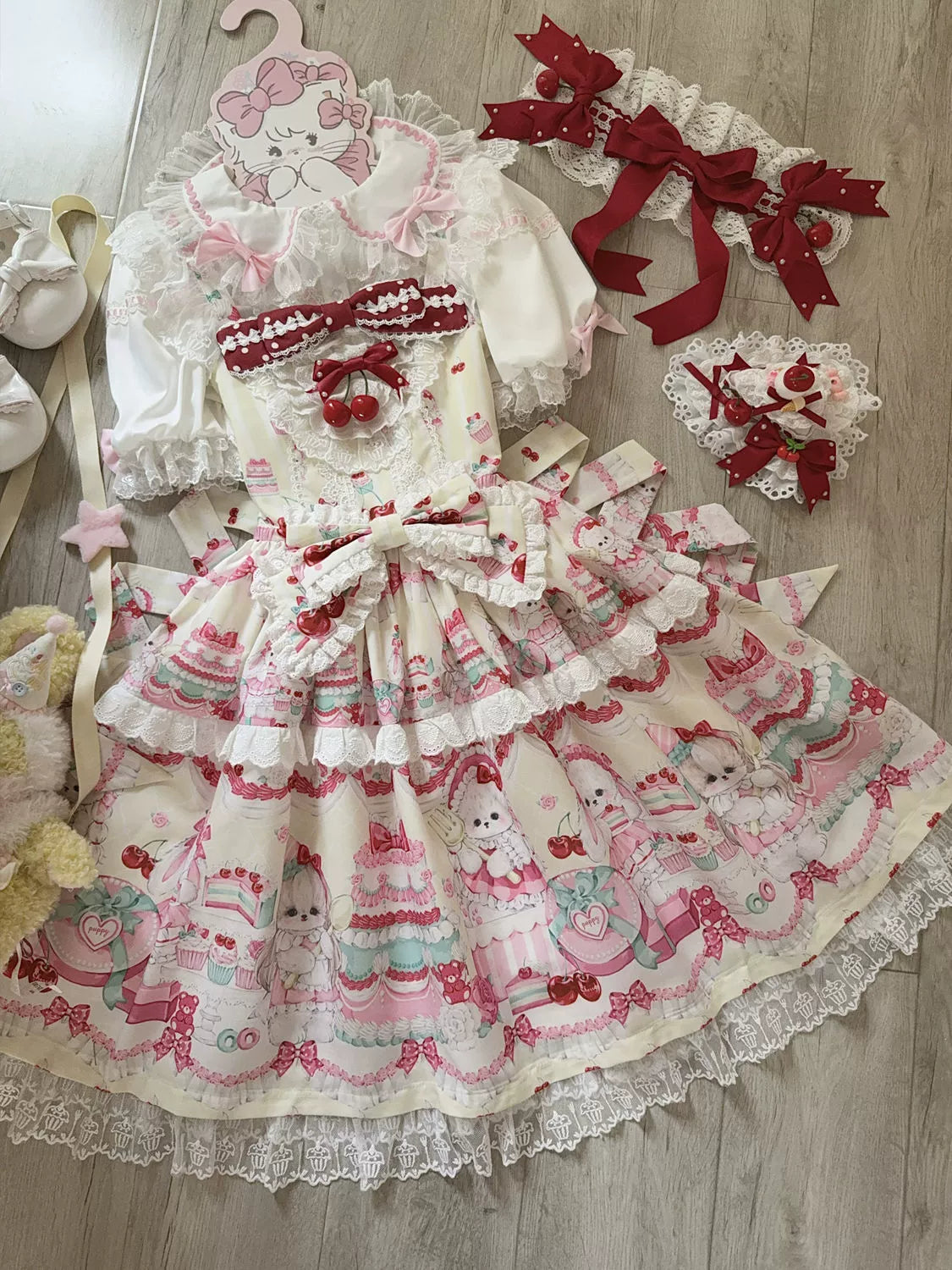 kikilalamimi様 Kawaii Lolita JSK Dress With Dessert Print & Cherry Bow