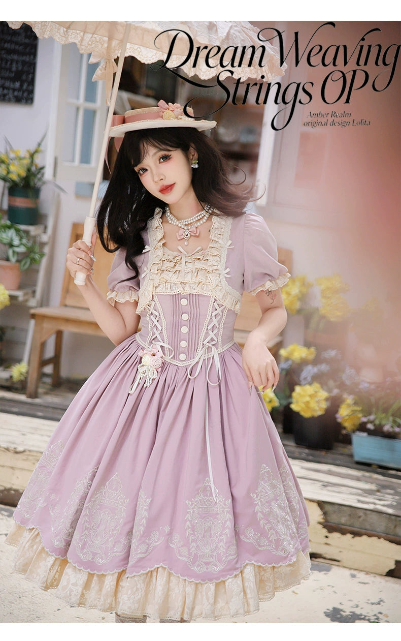 Amber Realm - Dream Strings - Embroidered Classic Lolita OP Dress, Princess Sleeves