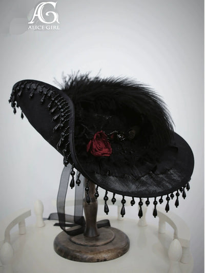 Alice Girl~Bony Dragon~Chinese Style Lolita Hats Black Fringe Hat Disc-shaped Tassel Hat (Black and Red)  