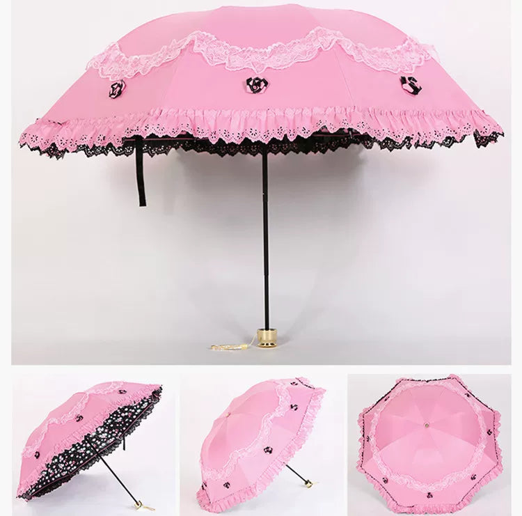 Foldable Lolita Parasol, Floral and Embroidery Detail 45591:855739