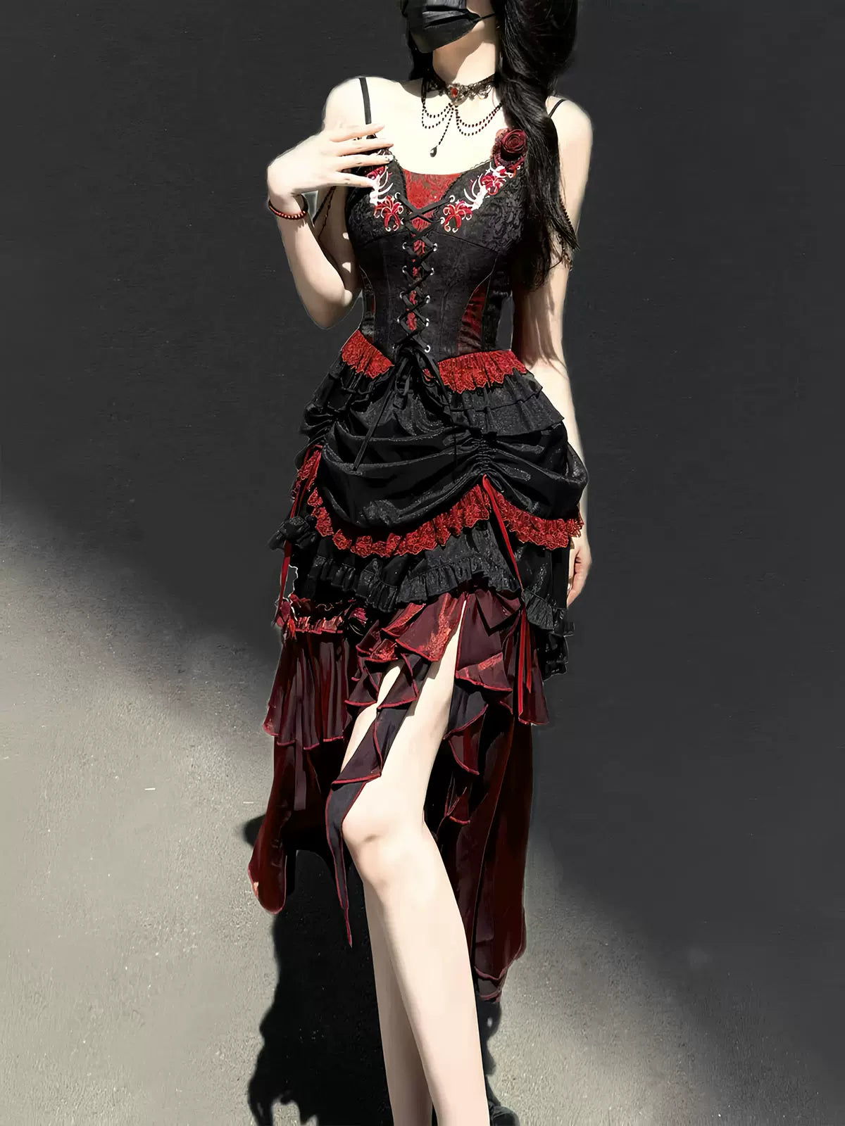 Bone Rot Bloom - Gothic Lolita Embroidered Camisole & Drawstring Lift-up Hem Skirt 45593:854838