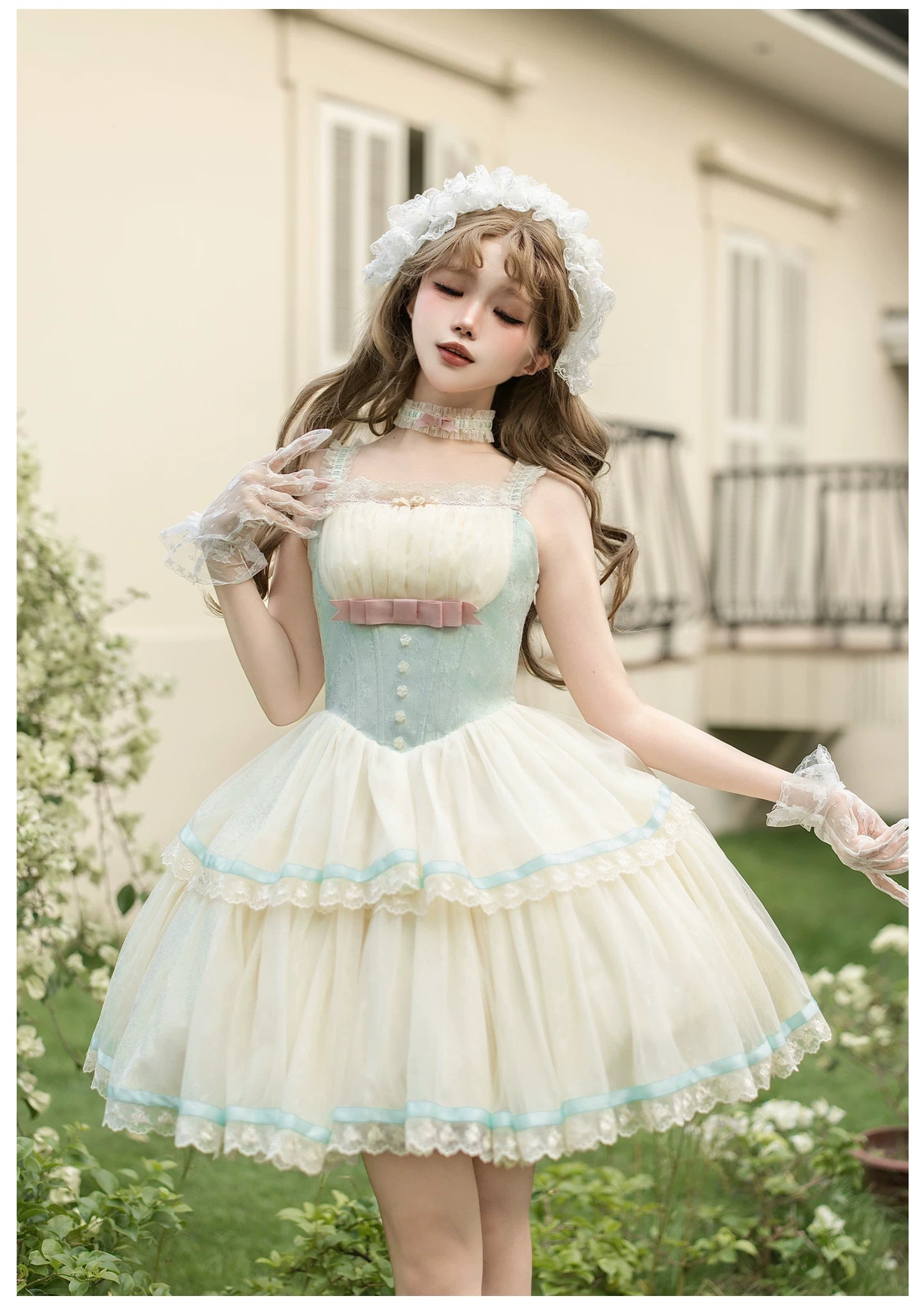 Sea Salt Soda - Classic Lolita Adjustable Corset JSK Dress, Tiered Tulle Hem 45257:856356