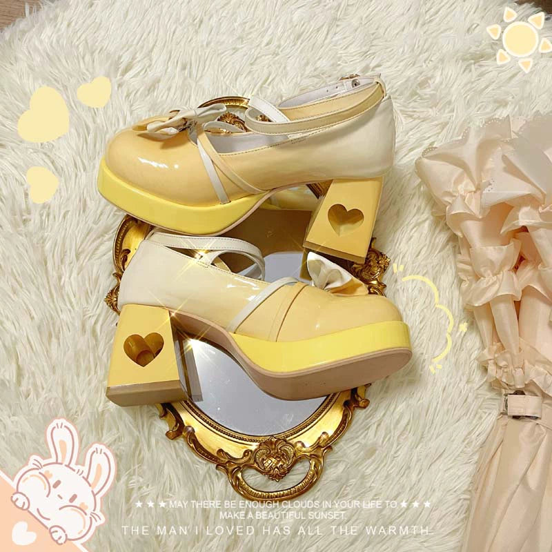 A Can of Cocoa~Heart Function~Sweet Lolita Shoes Gradient Color High Heels 34 Light yellow 