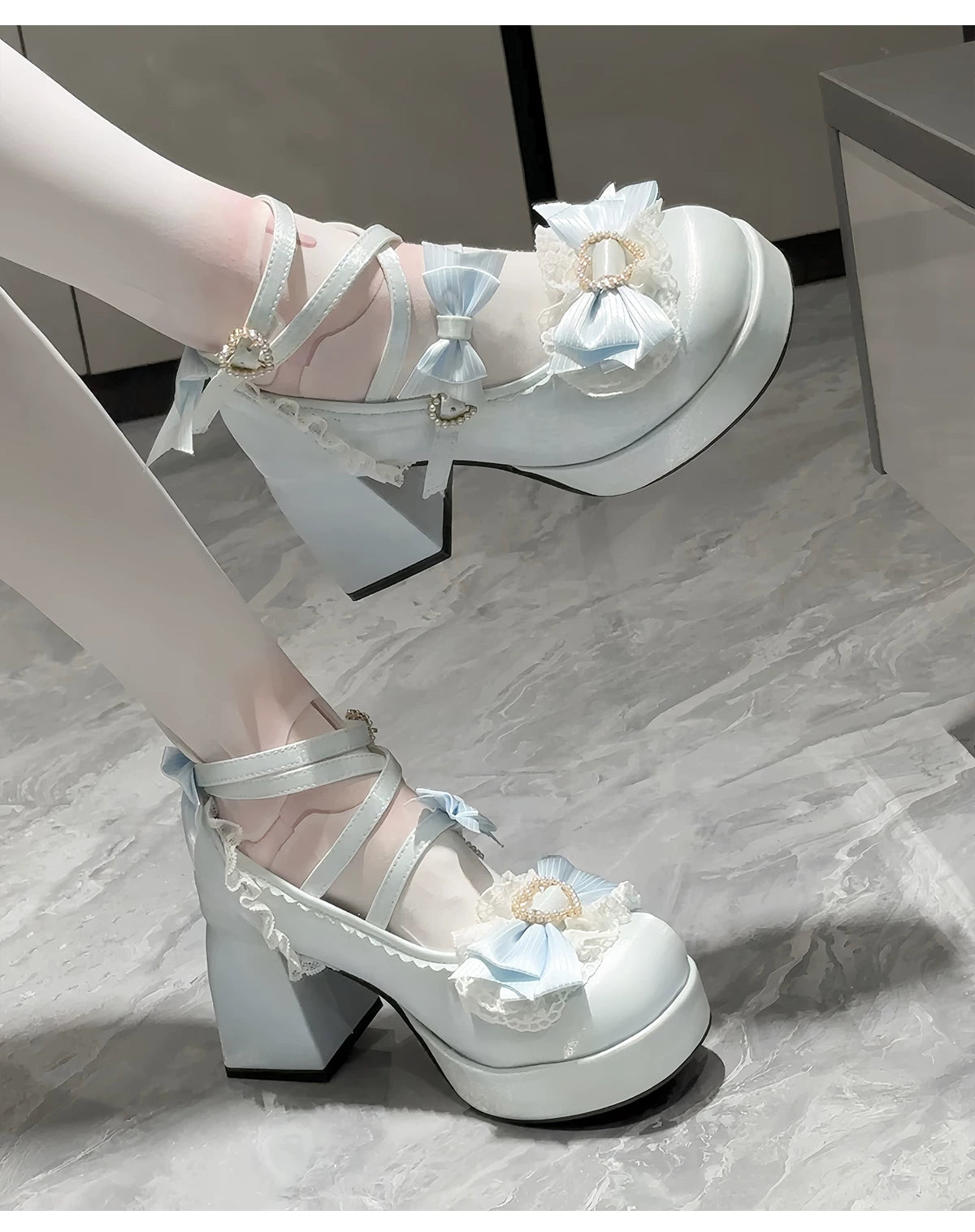 Romance of Hearts - Sweet Lolita Chunky Heeled Shoes, Pearl Heart Accents 45692:859281