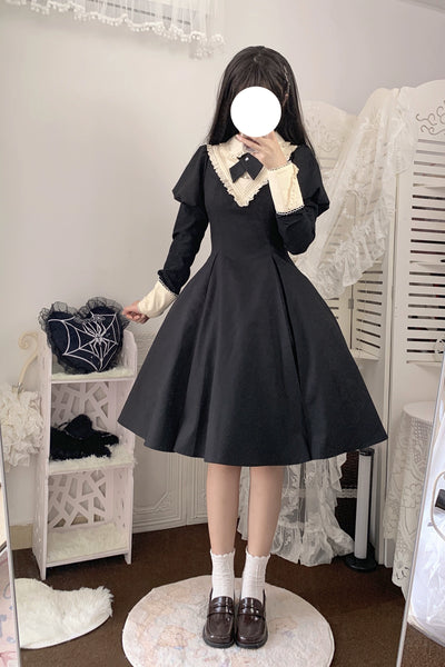 Forest Clerk~Forest Clerk~Elegant Lolita OP Dress Set A Line Dress with Apron Free size Black bow tie 