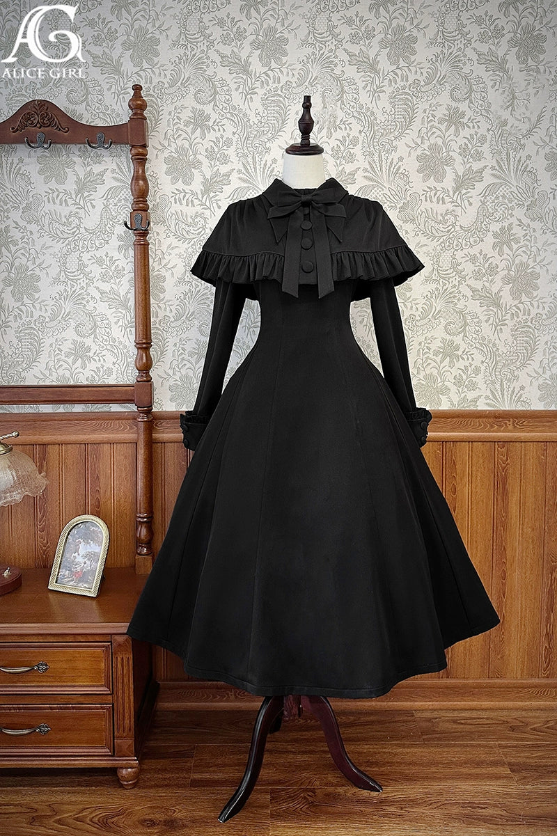 (BFM)Alice Girl~Black Lolita OP Dress Embroidered Winter Dress XS Cloak + dress (eeige embroidery) 